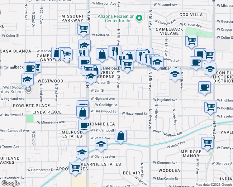 map of restaurants, bars, coffee shops, grocery stores, and more near 1720 West Elm Street in Phoenix