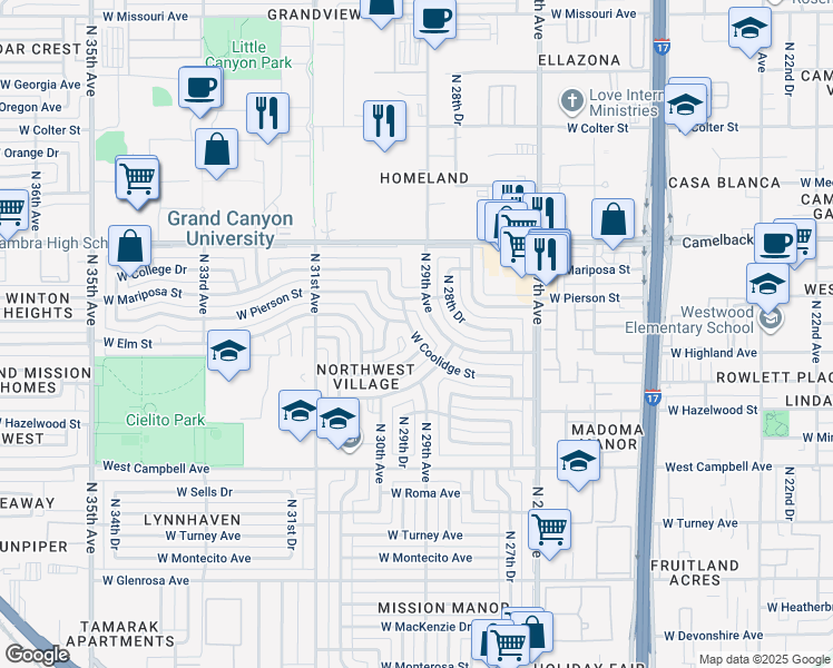 map of restaurants, bars, coffee shops, grocery stores, and more near 2916 West Coolidge Street in Phoenix