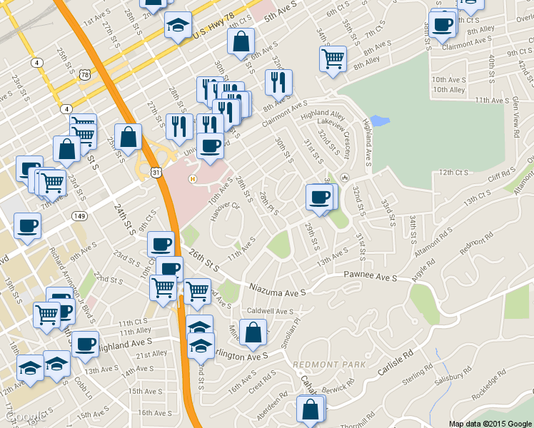 map of restaurants, bars, coffee shops, grocery stores, and more near 1025 28th Place South in Birmingham