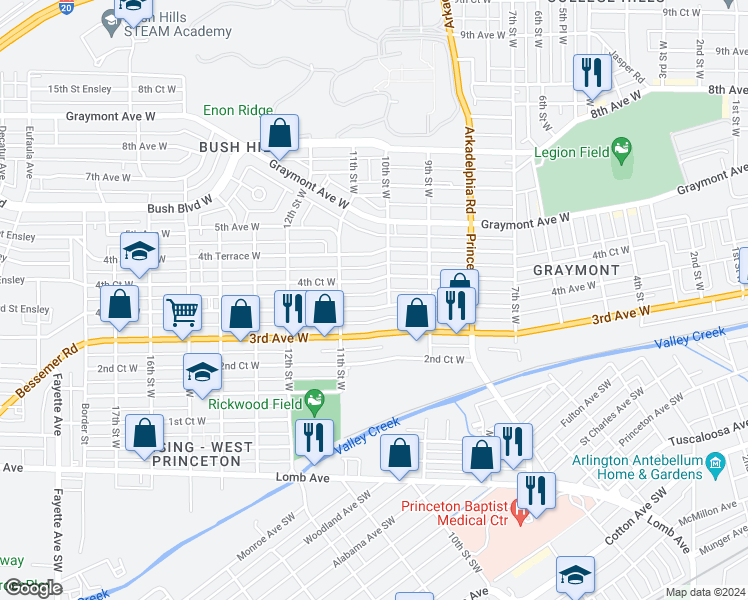 map of restaurants, bars, coffee shops, grocery stores, and more near 1005 4th Court West in Birmingham
