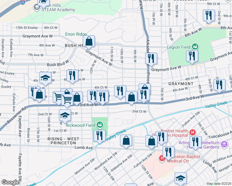 map of restaurants, bars, coffee shops, grocery stores, and more near 1005 4th Court West in Birmingham