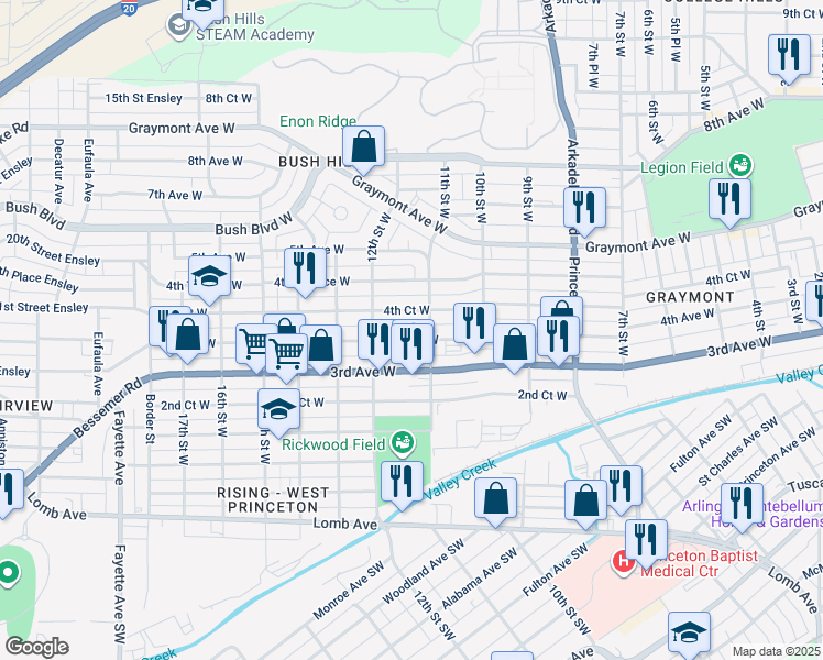 map of restaurants, bars, coffee shops, grocery stores, and more near 1125 4th Court West in Birmingham