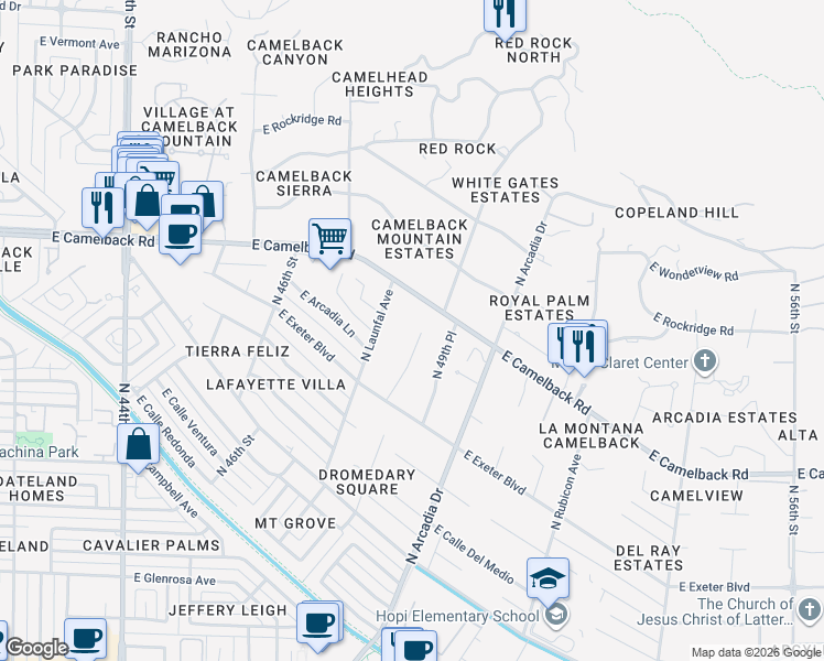 map of restaurants, bars, coffee shops, grocery stores, and more near 4935 East Camelback Road in Phoenix