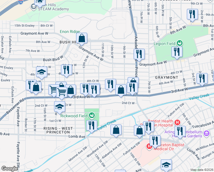 map of restaurants, bars, coffee shops, grocery stores, and more near 1005 4th Court West in Birmingham