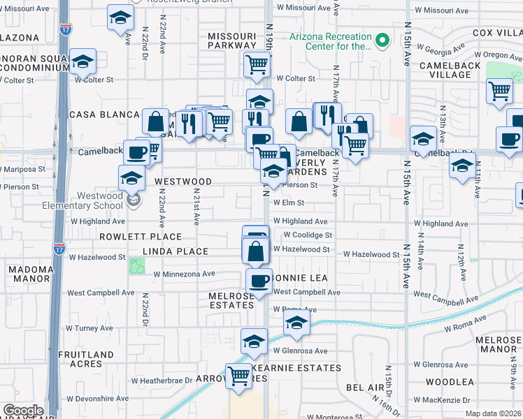 map of restaurants, bars, coffee shops, grocery stores, and more near 4730 North 19th Avenue in Phoenix