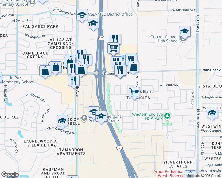 map of restaurants, bars, coffee shops, grocery stores, and more near 9624 West Mariposa Street in Phoenix