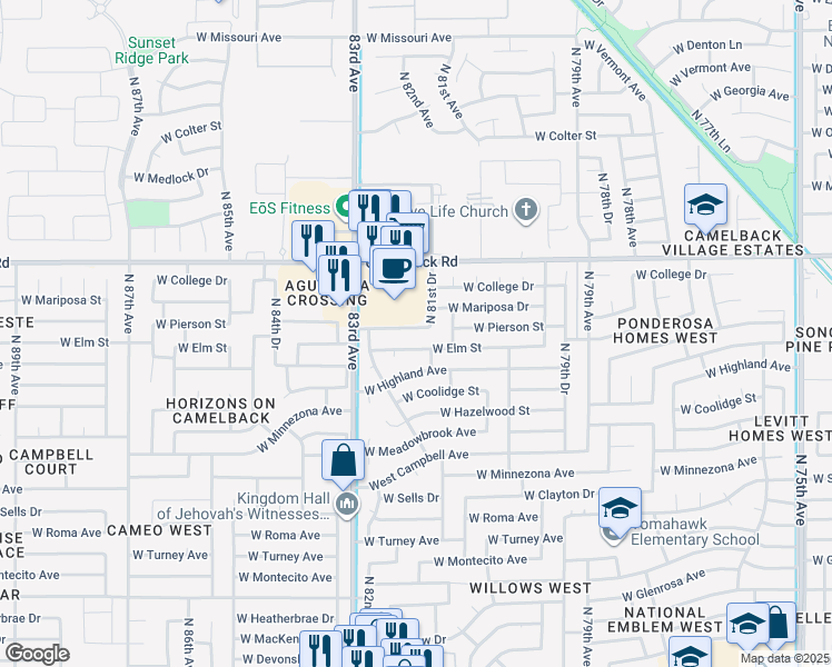 map of restaurants, bars, coffee shops, grocery stores, and more near 8135 West Pierson Street in Phoenix