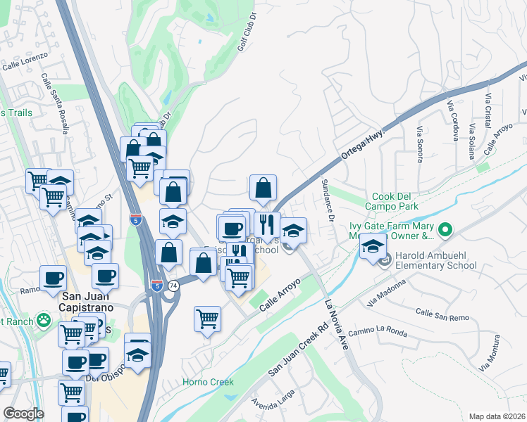map of restaurants, bars, coffee shops, grocery stores, and more near 27401 Ortega Highway in San Juan Capistrano