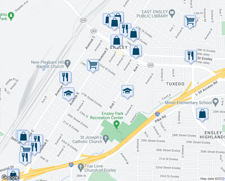 map of restaurants, bars, coffee shops, grocery stores, and more near 2419 Avenue H in Birmingham