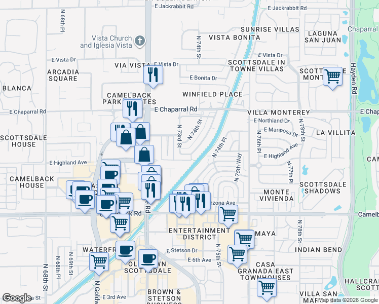 map of restaurants, bars, coffee shops, grocery stores, and more near 7311 East Paradise Drive in Scottsdale