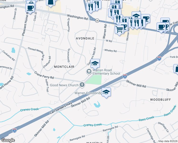 map of restaurants, bars, coffee shops, grocery stores, and more near 311 Warren Road in Augusta