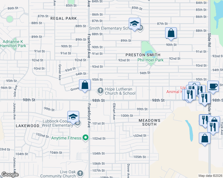 map of restaurants, bars, coffee shops, grocery stores, and more near 5714 96th Street in Lubbock