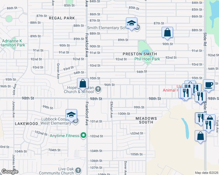map of restaurants, bars, coffee shops, grocery stores, and more near 9603 Elmwood Avenue in Lubbock