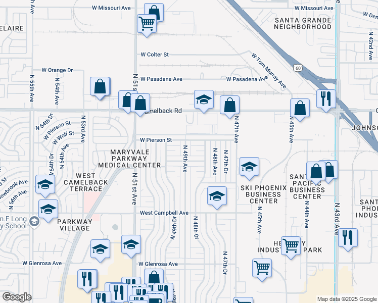 map of restaurants, bars, coffee shops, grocery stores, and more near 4849 West Pierson Street in Phoenix