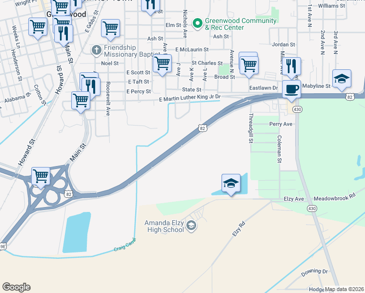 map of restaurants, bars, coffee shops, grocery stores, and more near 1255 East Martin Luther King Junior Drive in Greenwood