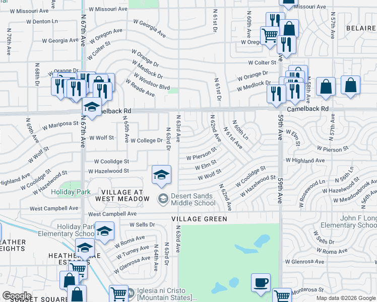 map of restaurants, bars, coffee shops, grocery stores, and more near 6254 West Mariposa Drive in Phoenix