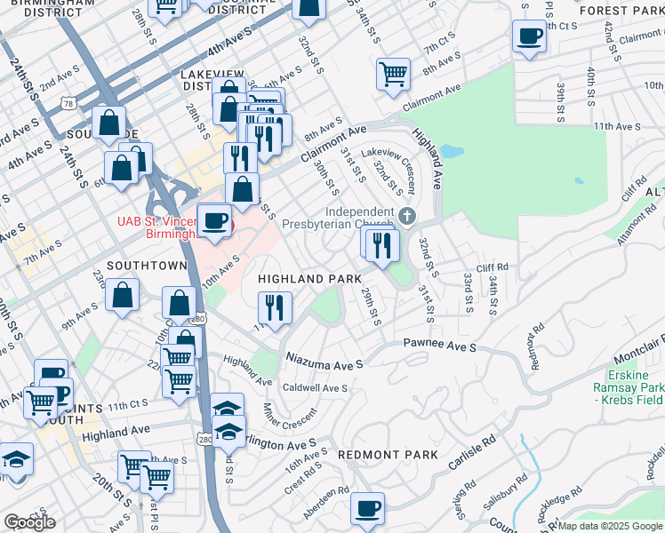 map of restaurants, bars, coffee shops, grocery stores, and more near 1101 28th Place South in Birmingham