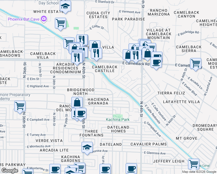 map of restaurants, bars, coffee shops, grocery stores, and more near 4701 North 41st Place in Phoenix