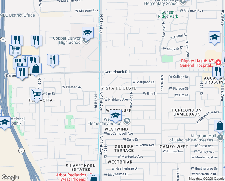 map of restaurants, bars, coffee shops, grocery stores, and more near 9023 West Elm Street in Phoenix