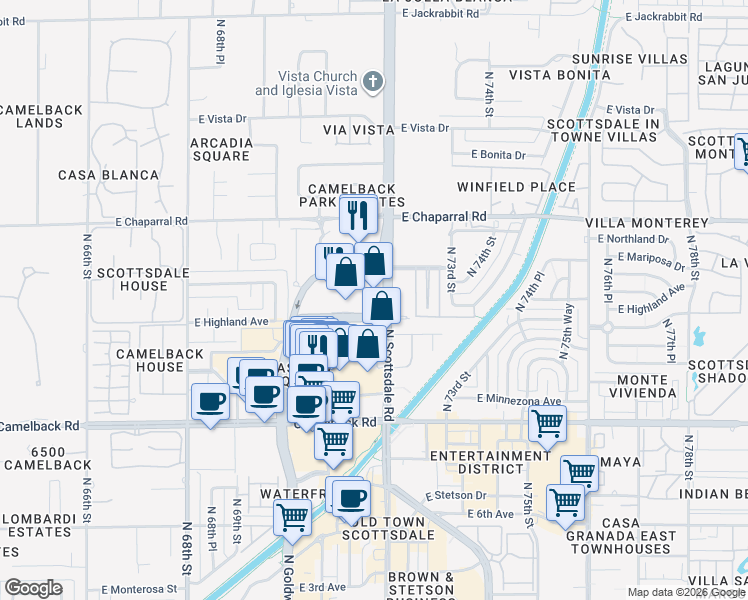 map of restaurants, bars, coffee shops, grocery stores, and more near 7151 East Rancho Vista Drive in Scottsdale