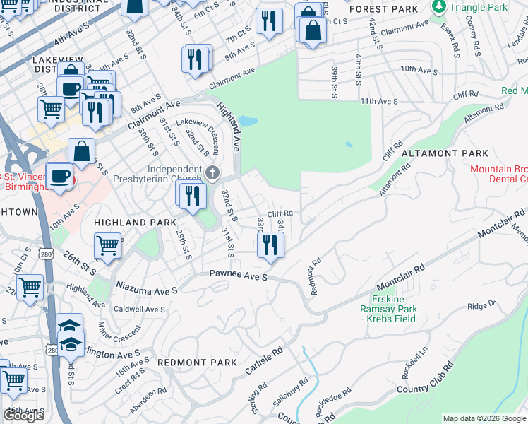 map of restaurants, bars, coffee shops, grocery stores, and more near 3300 Cliff Road in Birmingham