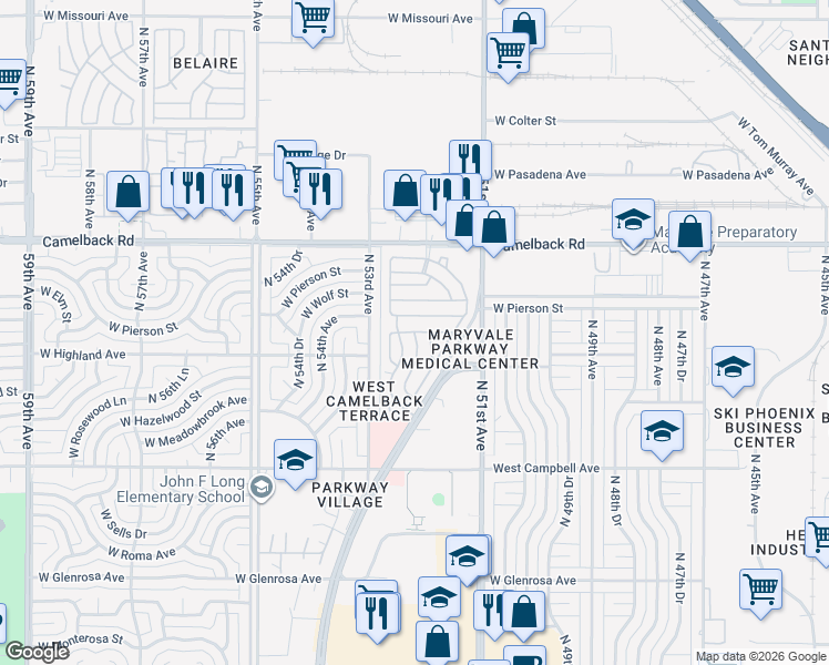 map of restaurants, bars, coffee shops, grocery stores, and more near G Street in Phoenix
