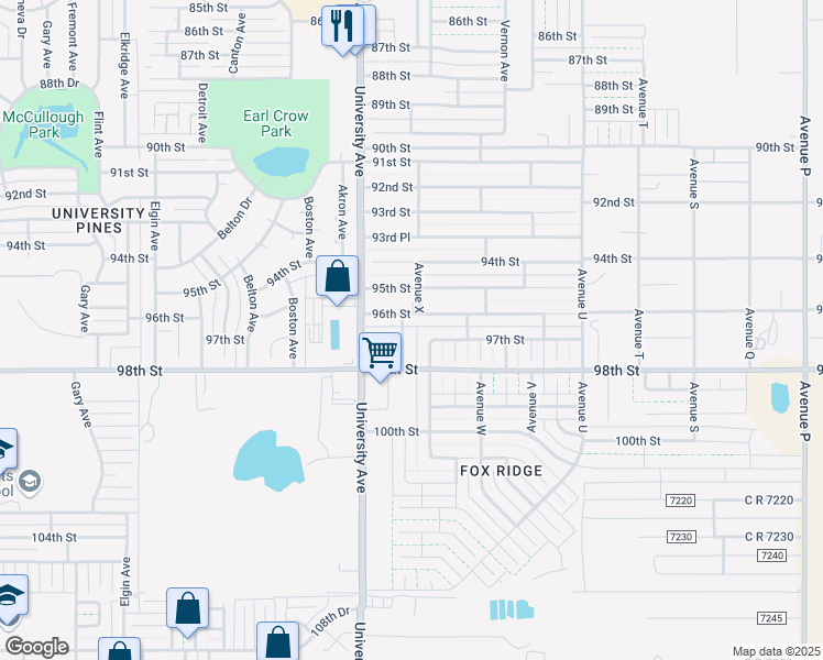 map of restaurants, bars, coffee shops, grocery stores, and more near 2327 96th Street in Lubbock