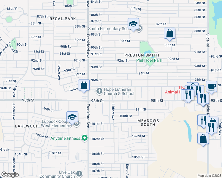 map of restaurants, bars, coffee shops, grocery stores, and more near 5714 96th Street in Lubbock