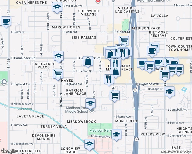 map of restaurants, bars, coffee shops, grocery stores, and more near 4728 North 15th Street in Phoenix