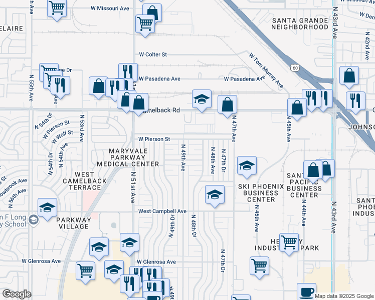 map of restaurants, bars, coffee shops, grocery stores, and more near 4849 West Pierson Street in Phoenix