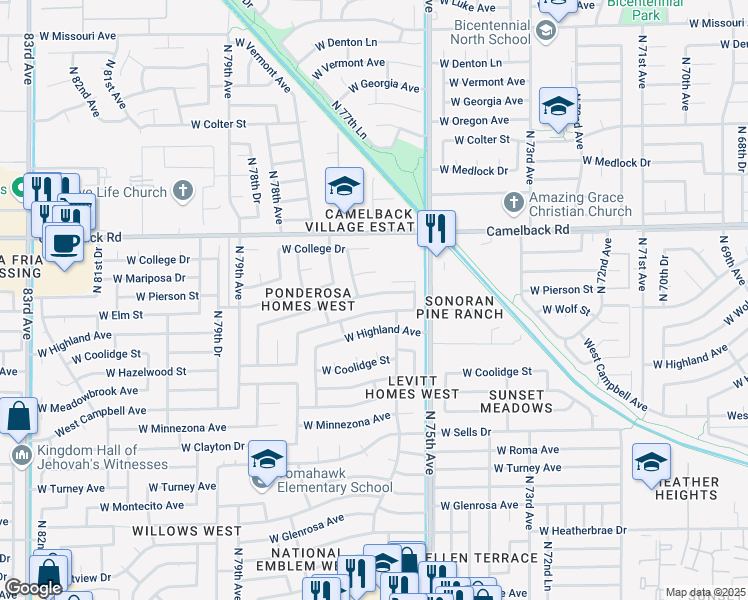 map of restaurants, bars, coffee shops, grocery stores, and more near 7542 West Elm Street in Phoenix