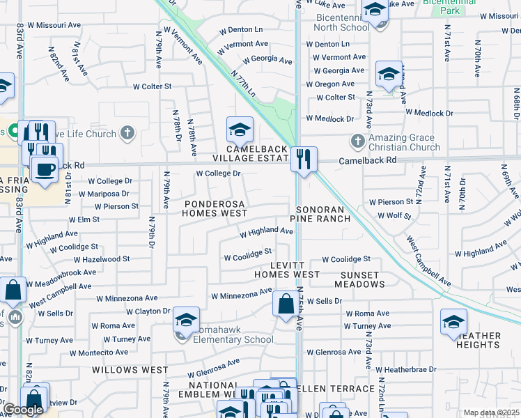 map of restaurants, bars, coffee shops, grocery stores, and more near 7542 West Elm Street in Phoenix