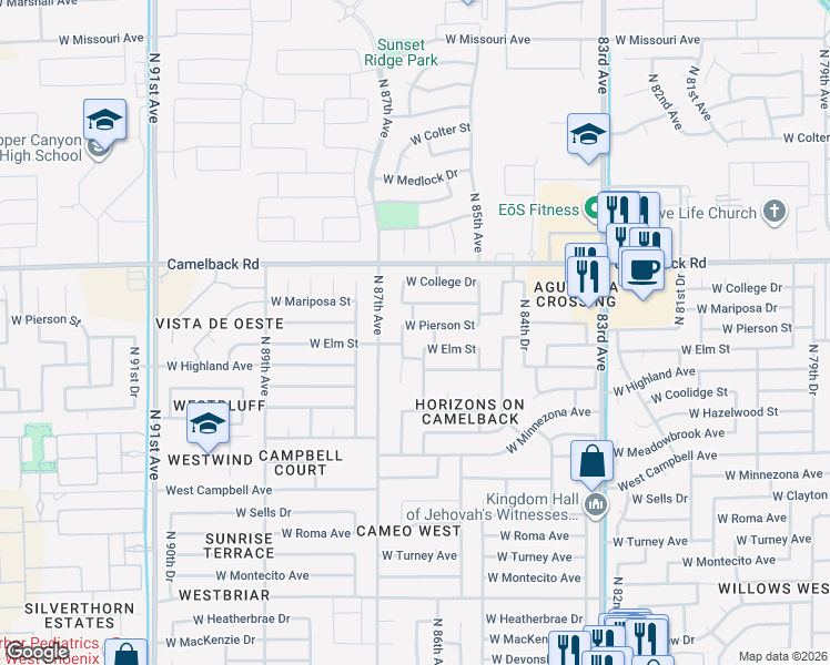 map of restaurants, bars, coffee shops, grocery stores, and more near 8624 West Pierson Street in Phoenix