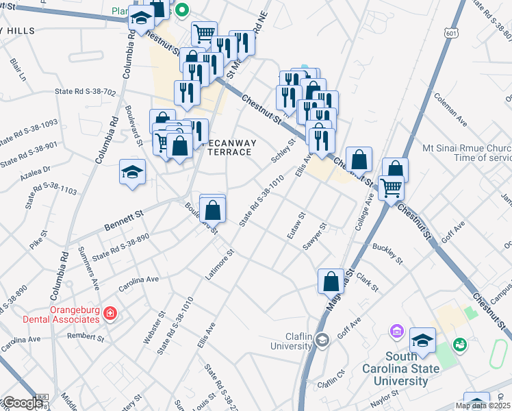 map of restaurants, bars, coffee shops, grocery stores, and more near 1151 Fairfield Street in Orangeburg