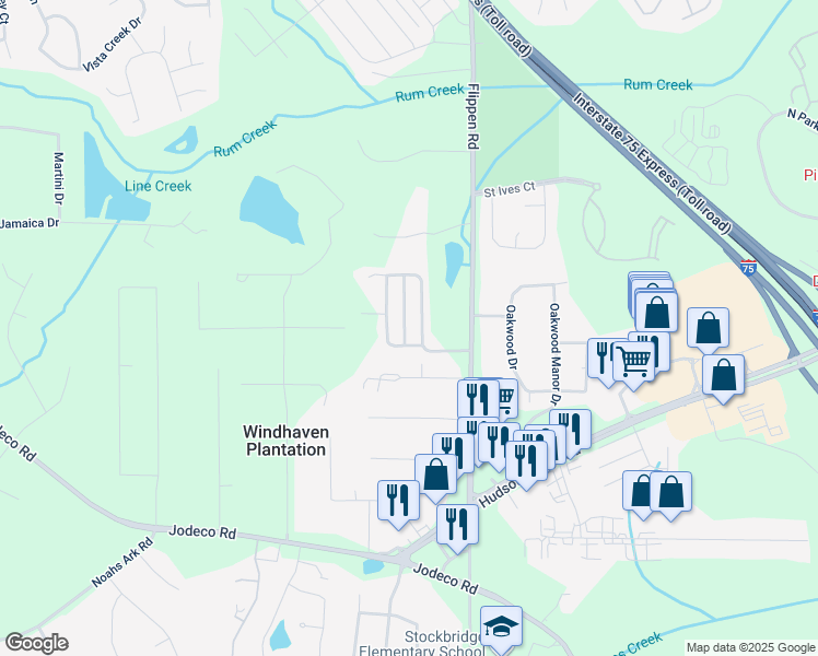 map of restaurants, bars, coffee shops, grocery stores, and more near 308 Goldenrod Drive in Stockbridge