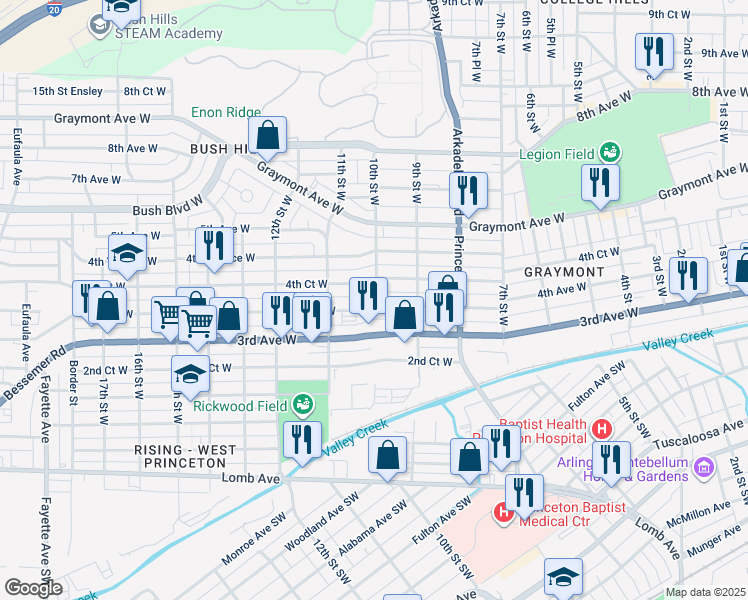 map of restaurants, bars, coffee shops, grocery stores, and more near 1005 4th Court West in Birmingham