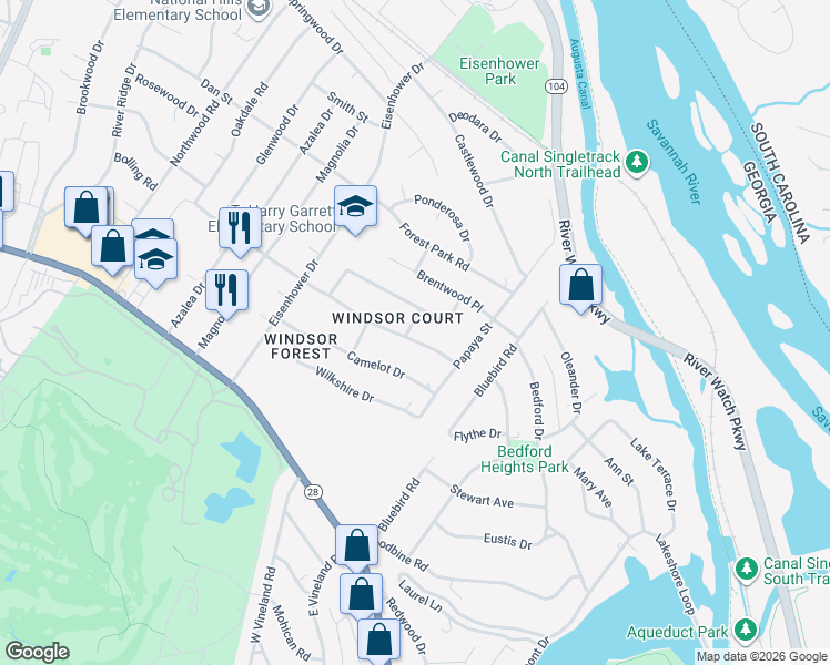 map of restaurants, bars, coffee shops, grocery stores, and more near 2416 Persimmon Road in Augusta