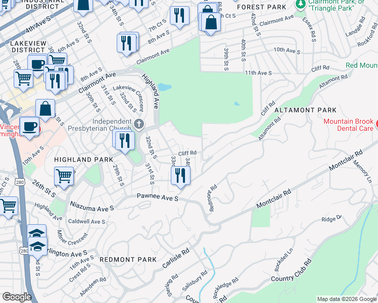 map of restaurants, bars, coffee shops, grocery stores, and more near 3400 Cliff Road South in Birmingham