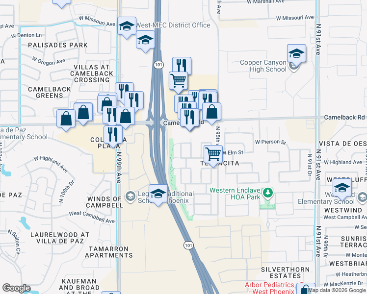 map of restaurants, bars, coffee shops, grocery stores, and more near 9624 West Mariposa Street in Phoenix