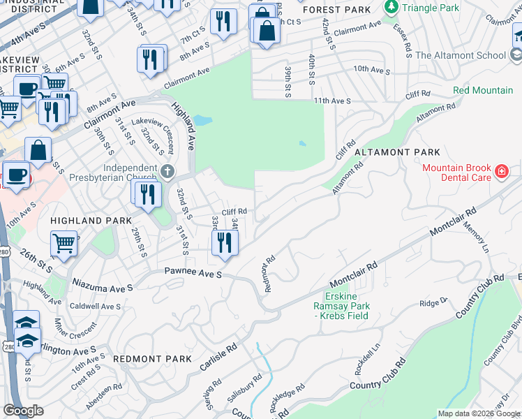 map of restaurants, bars, coffee shops, grocery stores, and more near 3441 Cliff Road in Birmingham