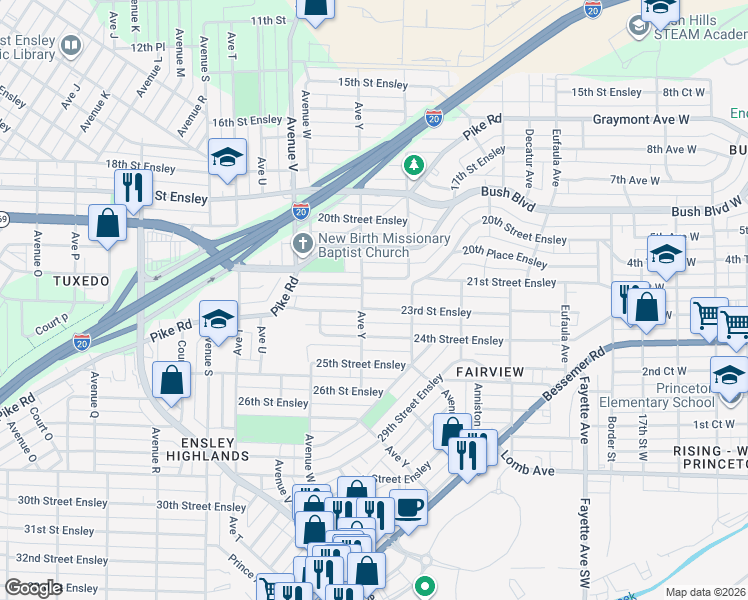 map of restaurants, bars, coffee shops, grocery stores, and more near 2525 21st Street Ensley in Birmingham