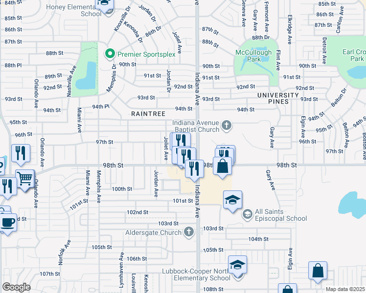 map of restaurants, bars, coffee shops, grocery stores, and more near 3408 97th Street in Lubbock