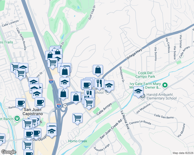 map of restaurants, bars, coffee shops, grocery stores, and more near 27401 Ortega Highway in San Juan Capistrano