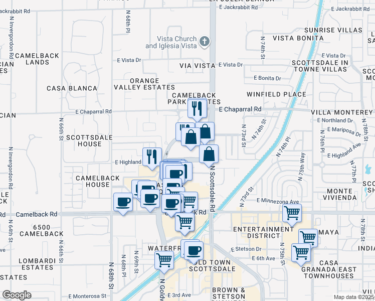 map of restaurants, bars, coffee shops, grocery stores, and more near 7137 East Rancho Vista Drive in Scottsdale