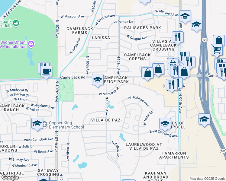 map of restaurants, bars, coffee shops, grocery stores, and more near 10225 West Camelback Road in Phoenix