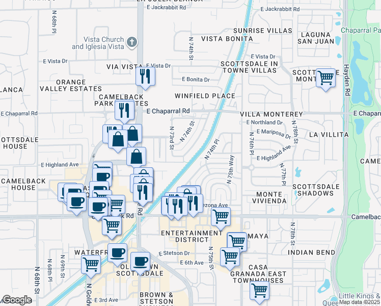 map of restaurants, bars, coffee shops, grocery stores, and more near 7311 East Paradise Drive in Scottsdale