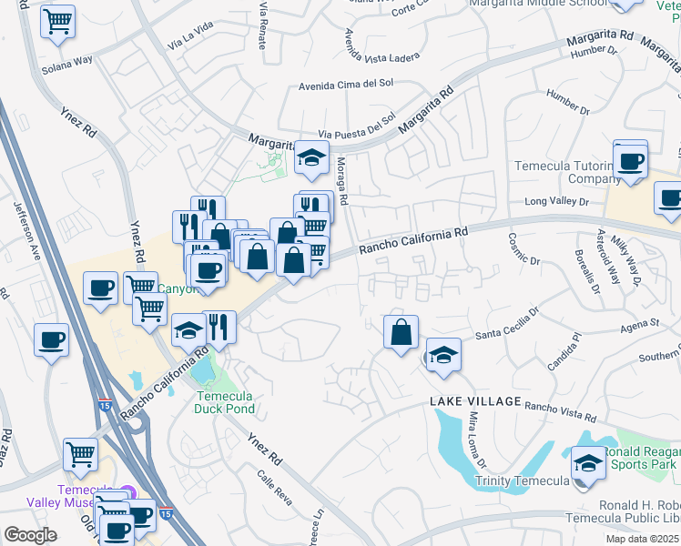 map of restaurants, bars, coffee shops, grocery stores, and more near 42301 Moraga Road in Temecula