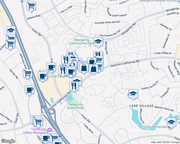 map of restaurants, bars, coffee shops, grocery stores, and more near 29744 Rancho California Road in Temecula