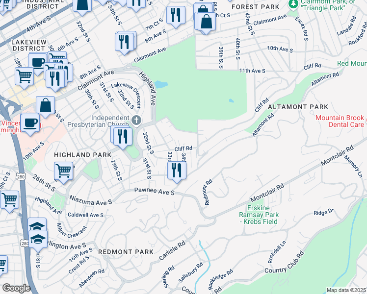 map of restaurants, bars, coffee shops, grocery stores, and more near 3400 Cliff Road in Birmingham