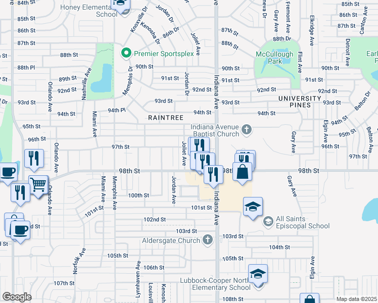 map of restaurants, bars, coffee shops, grocery stores, and more near 3424 97th Street in Lubbock